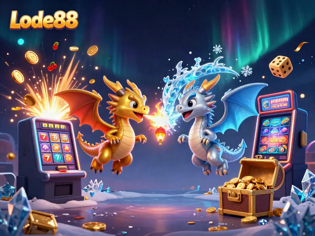 Experience the thrilling world of Lode88 with vibrant casino elements and enchanting dragons.