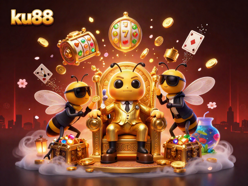 Bet on ku88 with lavish casino scenes featuring a buzzing bumblebee mob boss and gaming elements.