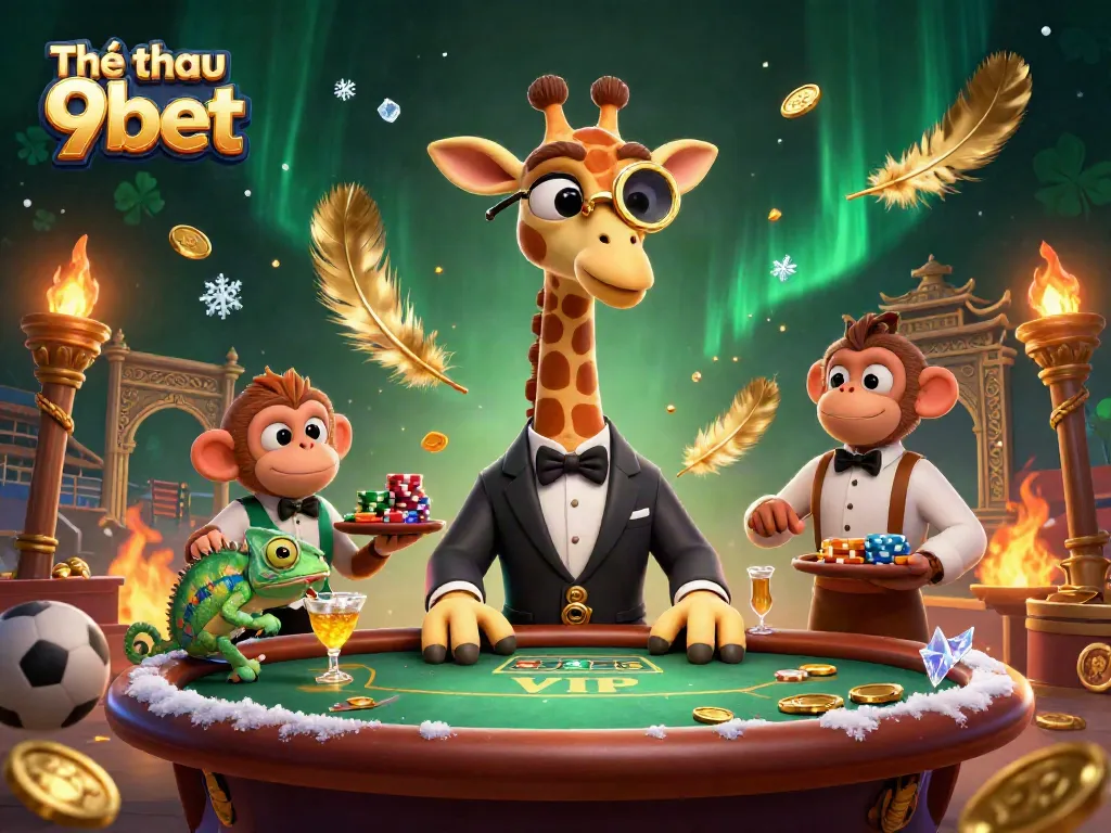 Experience thrilling action at Thể thao 9bet with a vibrant 3D scene of a high-roller giraffe and lively casino elements.