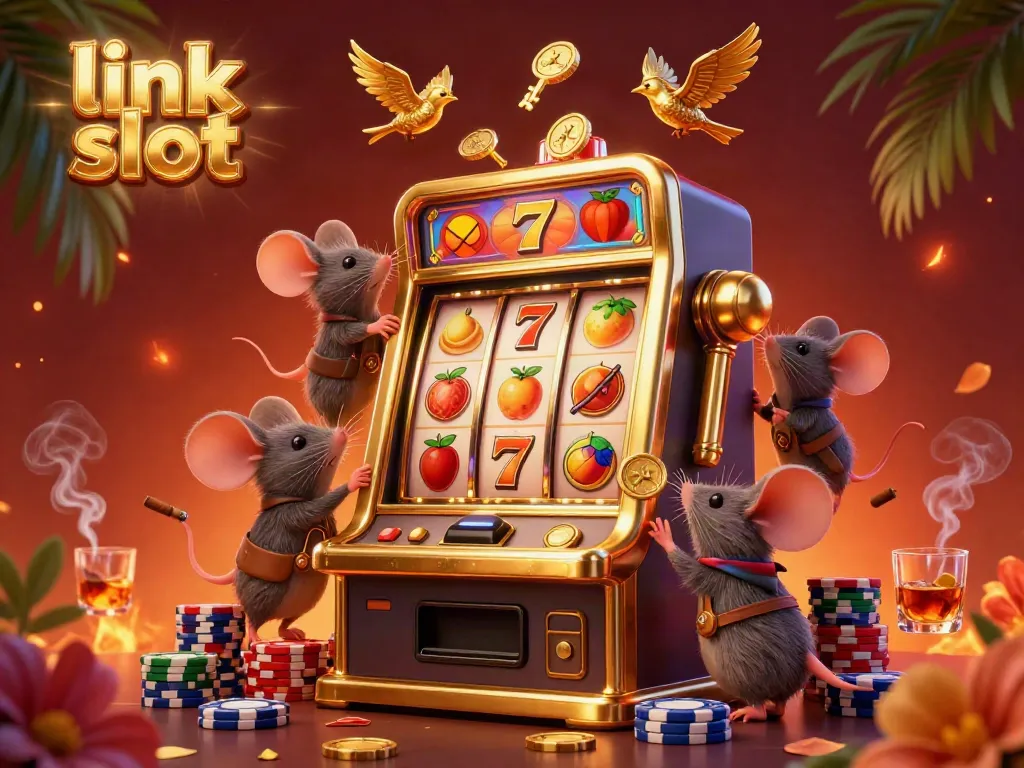Experience big wins and thrilling action with link slot, a vibrant scene of adventurer mice and a captivating slot machine.