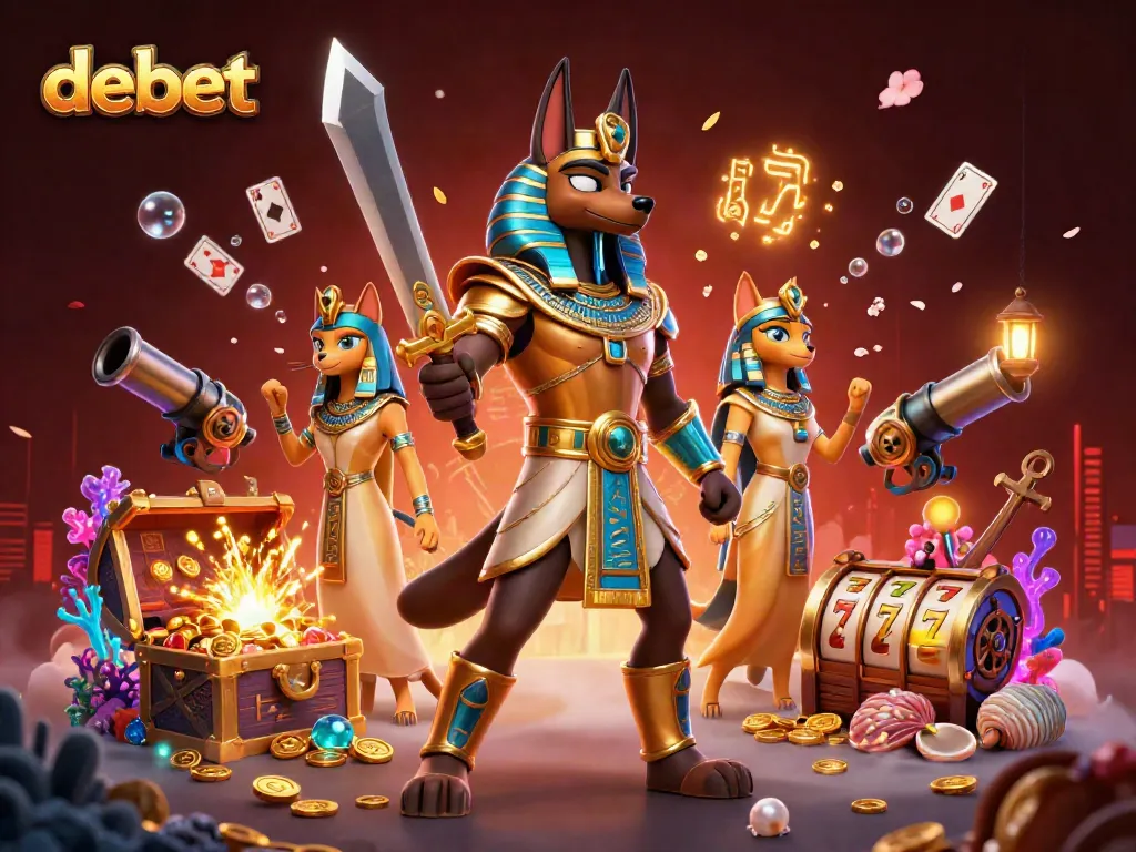 Engage with debet's vibrant 3D illustration showcasing slot reels, an ancient warrior, and treasures in a richly detailed casino scene.