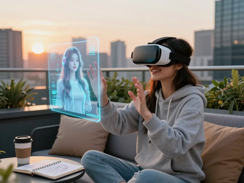 Engaging scene with a woman interacting with her girlfriend AI through VR technology.