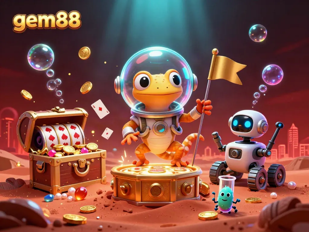 Experience the excitement of gem88 with its vibrant 3D illustration of a Martian gecko uncovering a golden casino.