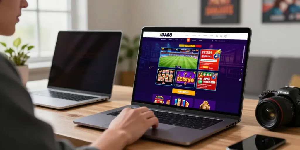 Engaged user exploring DA88 online gaming options on a laptop in a cozy home office.