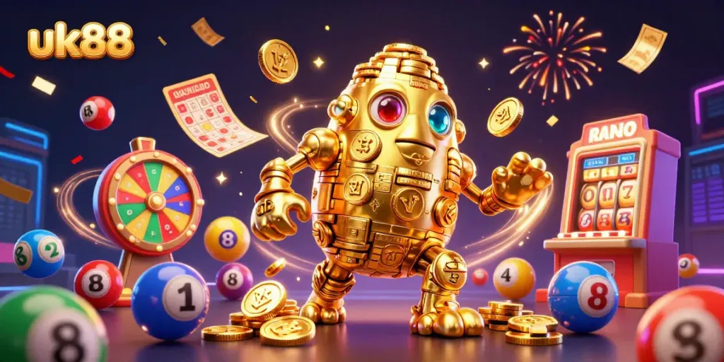 Engage with UK88's vibrant gaming world filled with colorful lottery balls, golden golems, and festive energy.