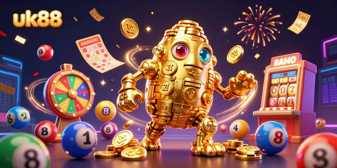 Engage with UK88's vibrant gaming world filled with colorful lottery balls, golden golems, and festive energy.