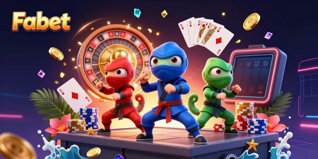 Win big with Fabet's vibrant casino games in this dynamic 3D illustration featuring ninja chameleons.