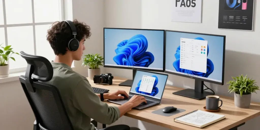 Moderne Arbeitsumgebung mit Windows 11 Home auf Monitoren und Laptop, kreative Stimmung.