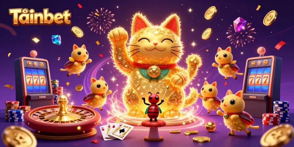 Experience the vibrant casino atmosphere with Tảinbet's golden lucky cat and magical fireflies.