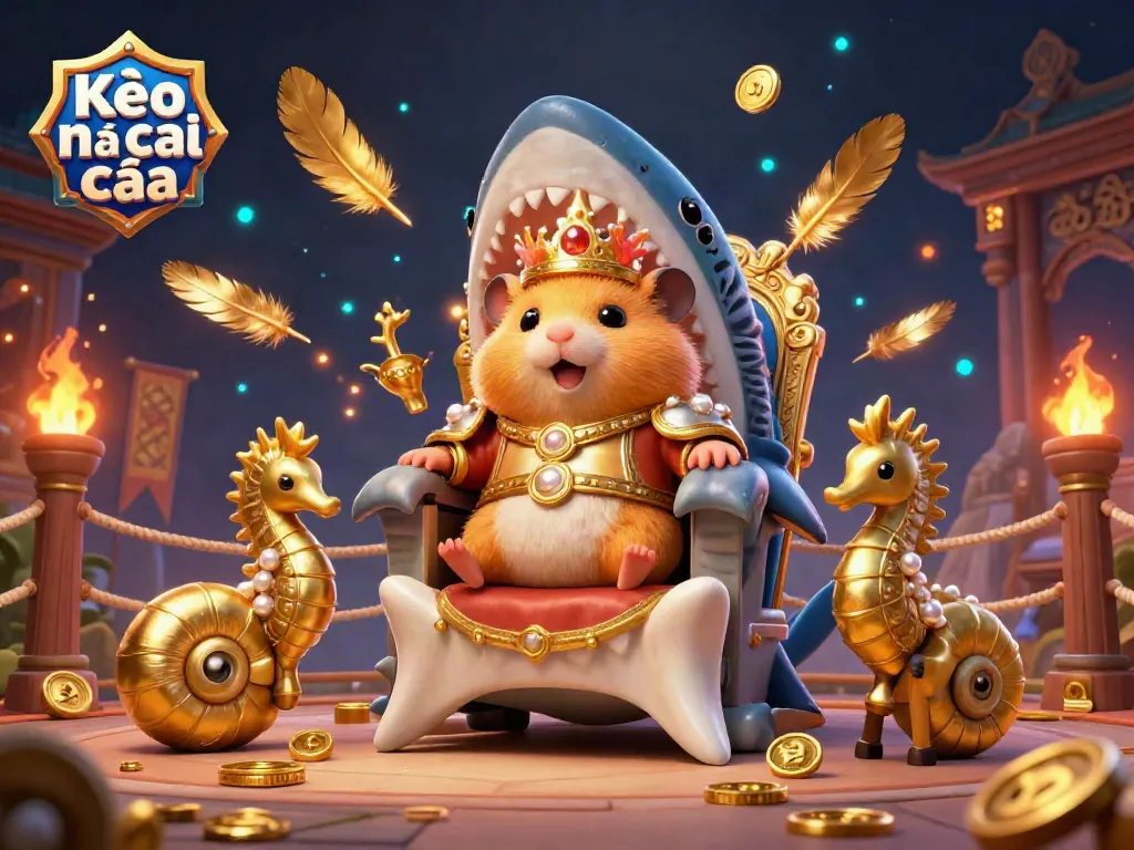 Experience the excitement of Kèo nhà cái with a golden hamster king and royal marine guards in a gambling-themed 3D scene.