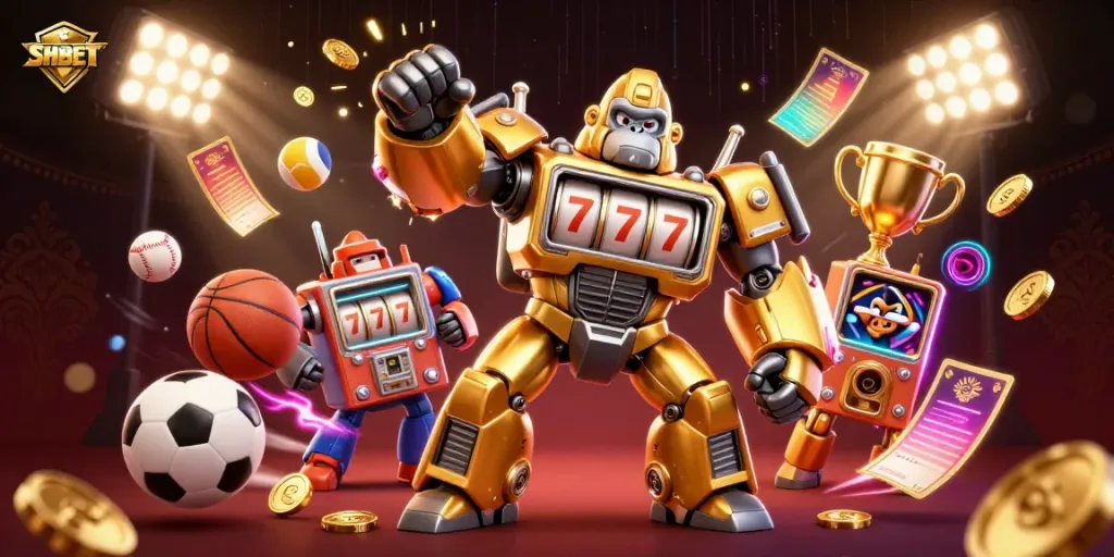 Experience exciting moments at SHBET with dynamic casino and sports elements in a vibrant 3D scene.