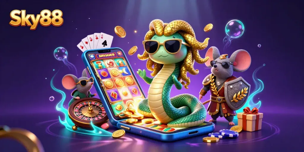 Engage with the fun and excitement of Sky88 gaming, showcasing vibrant slot games and characters in action.