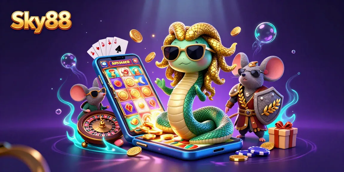 Engage with the fun and excitement of Sky88 gaming, showcasing vibrant slot games and characters in action.