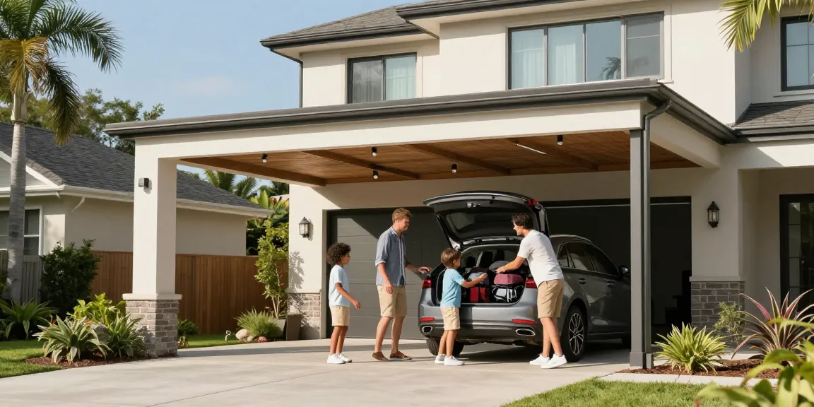Familie lädt das Auto in einem modernen Carport für einen Wochenendausflug.
