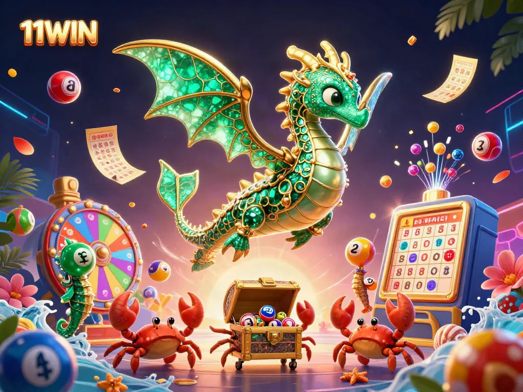 Engage with the vibrant dynamics of 11WIN’s online gaming world featuring lottery balls, a dragon, and treasure.