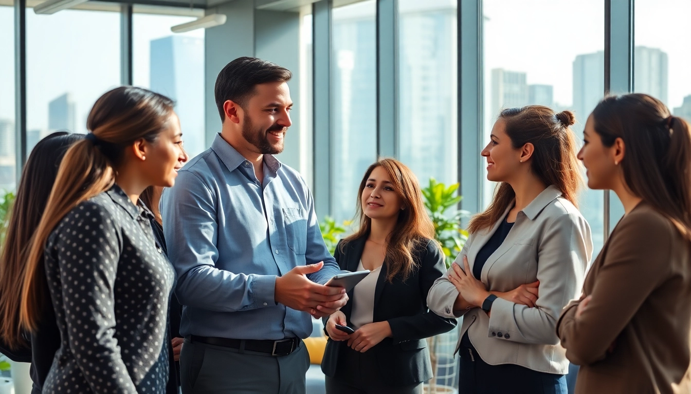 Headhunter IT interacting with candidates in a professional setting, showcasing tech diversity.