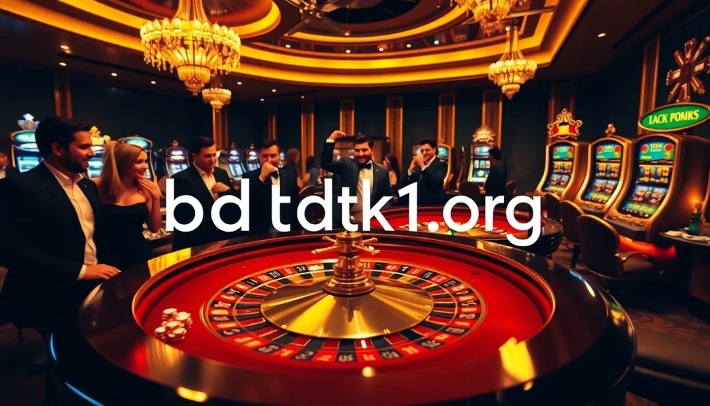 Excited gamblers enjoying a luxurious casino atmosphere while engaging with bdtk1 org online gaming options.