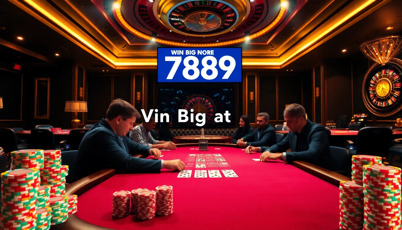 Players engaging at a poker table in a luxurious casino, showcasing the thrill of gambling with 789f.