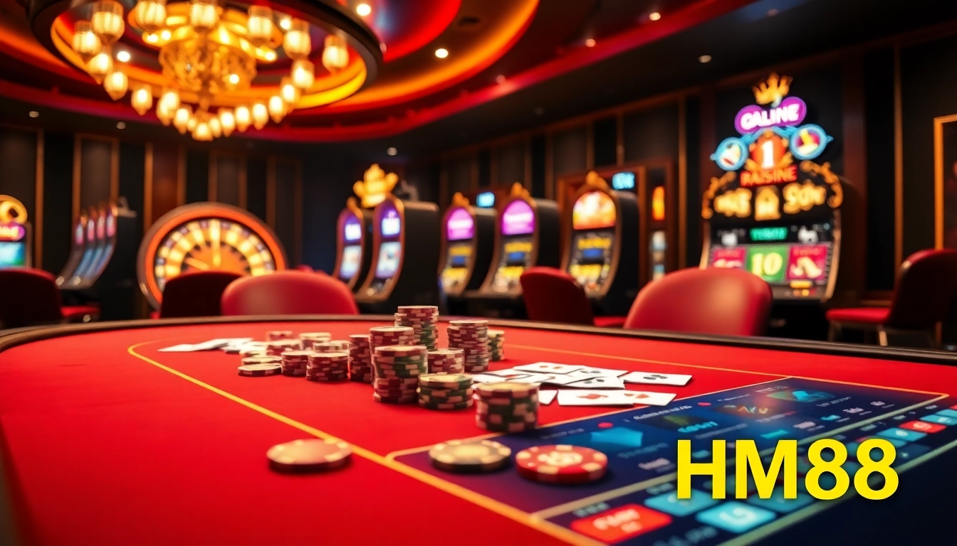 Exciting casino scene with HM88-themed poker table and roulette wheel, showcasing luxury gaming.