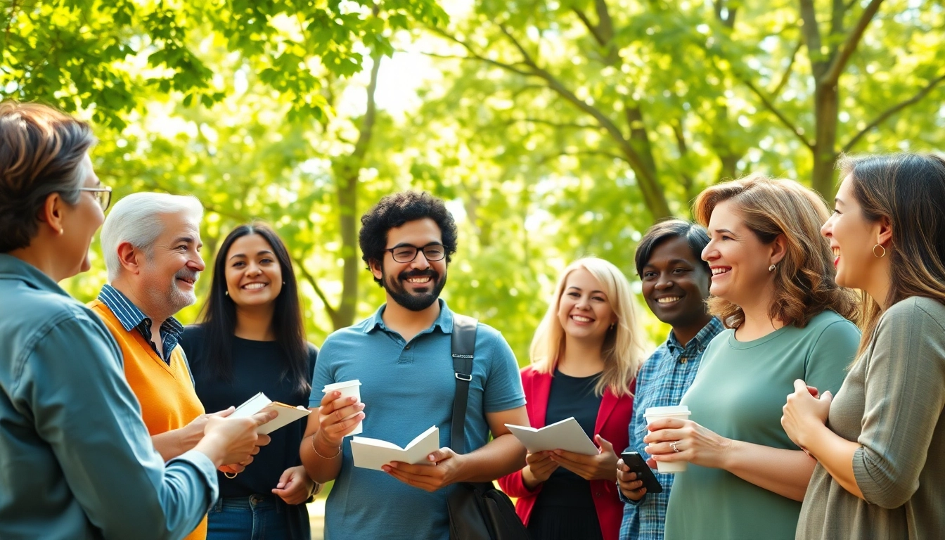 Fostering mental health awareness through community discussions in a lush outdoor setting.