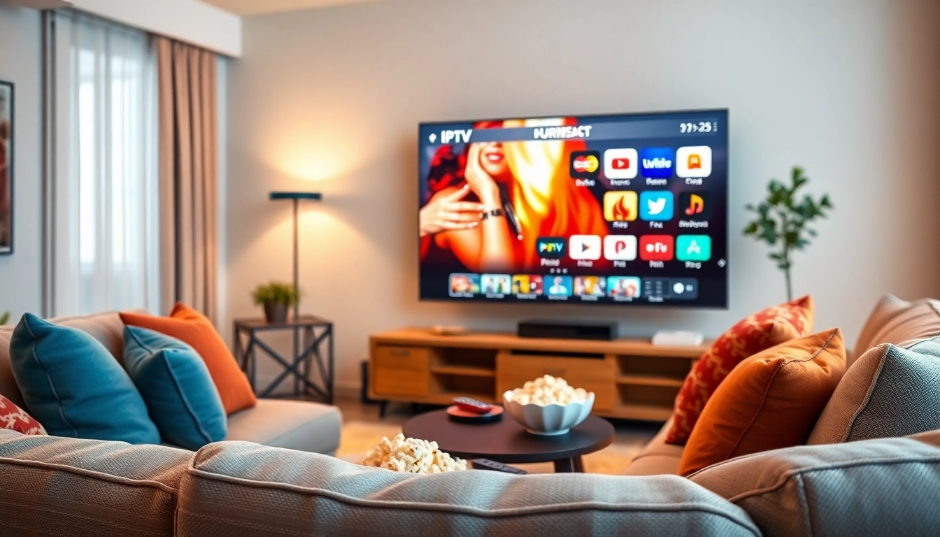 Genießen Sie IPTV Online Fernsehen in einem gemütlichen Wohnzimmer mit einem großen Flachbildfernseher.