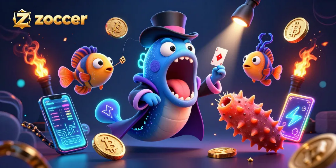 Zoccer hosts a dazzling underwater casino scene led by a bioluminescent eel performing magic, showcasing crypto coins.