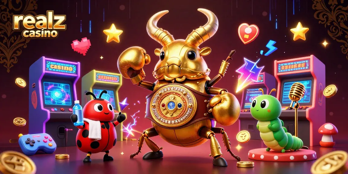Engage with realz casino through vibrant gaming-themed digital art featuring a golden stag beetle and arcade machines.