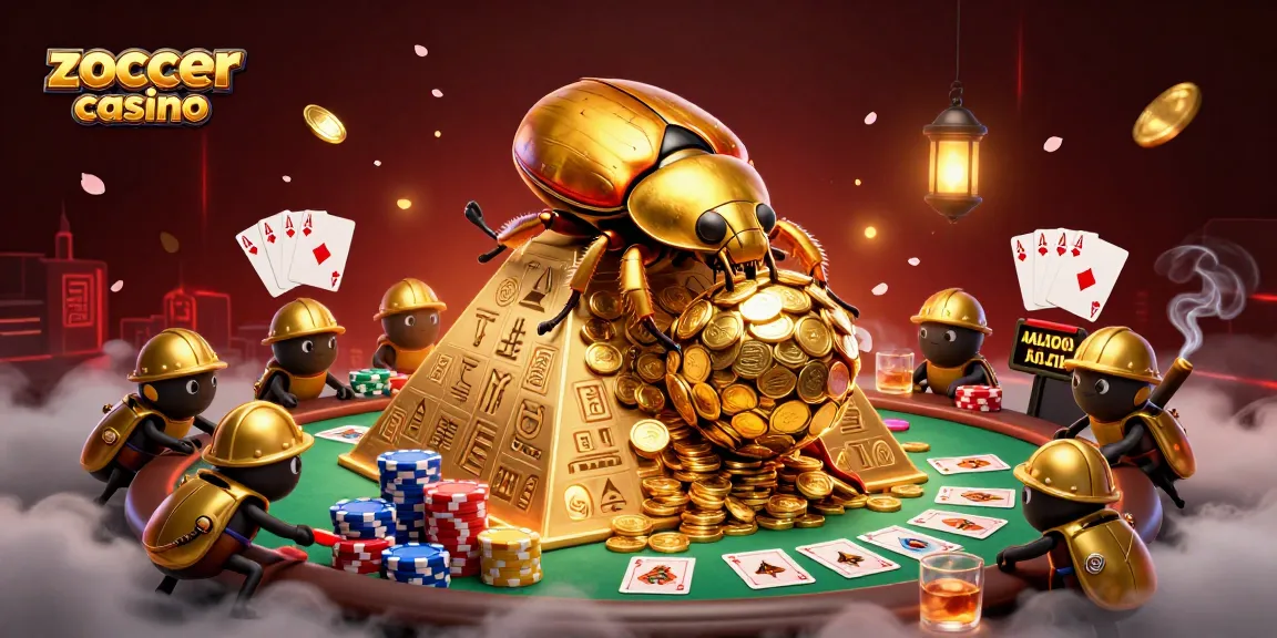 Zoccer casino showcases a vibrant 3D illustration of lucky beetles amidst poker elements, symbolizing winning gaming adventures.